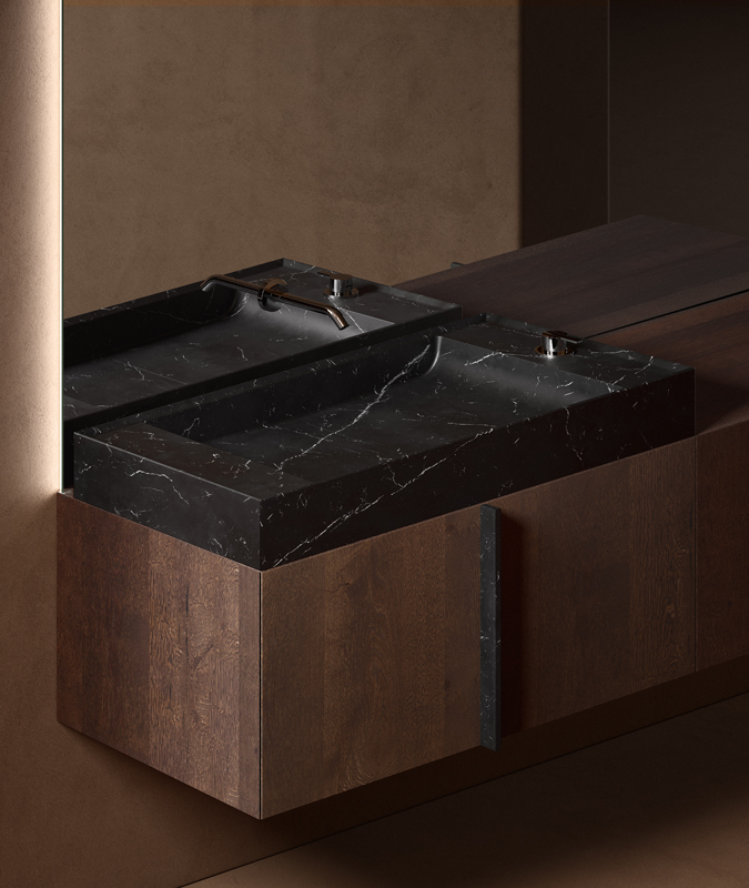 Black marquina marble top washbasins with furniture unit from paral collection