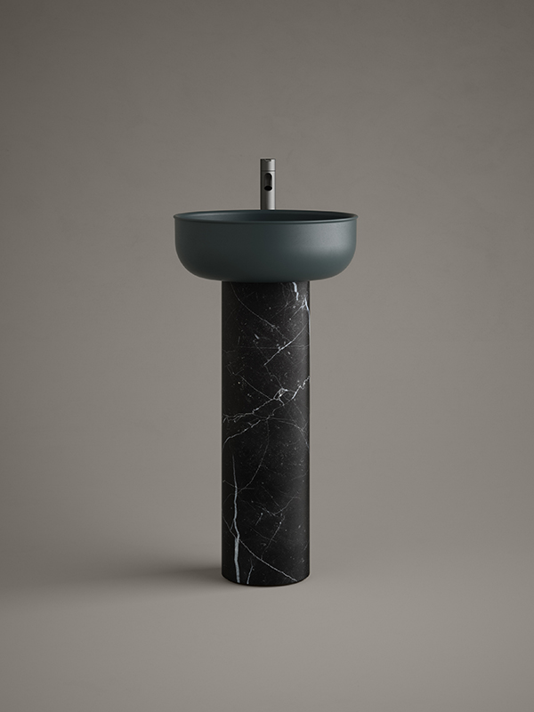 Prime freestanding washbasin in blue UHS colour coating and pietra grey marble