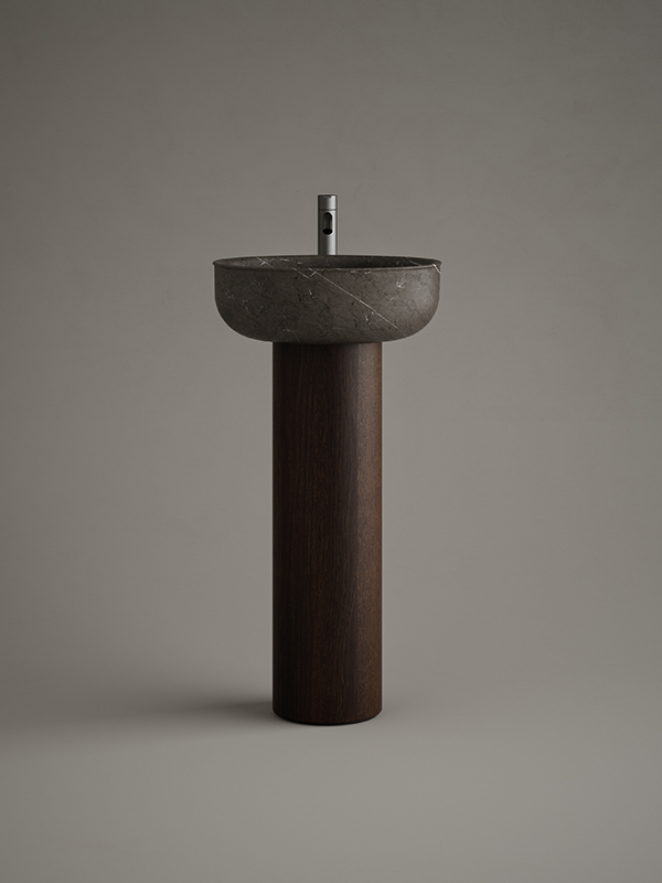 Prime freestanding washbasin in pietra grey marble and wood