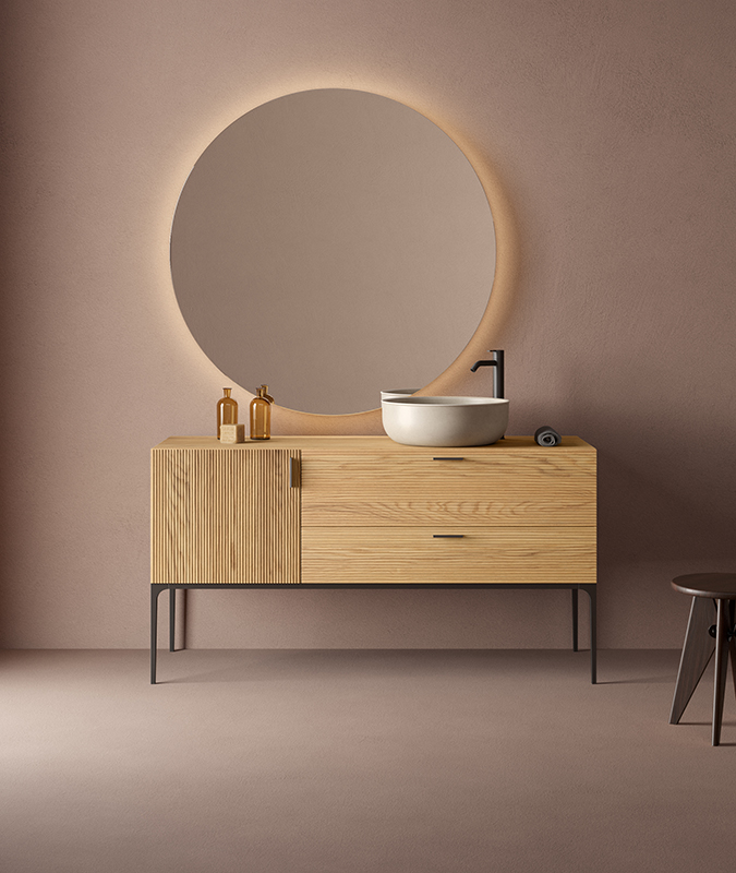 minimalist furniture units in wild oak with four-le