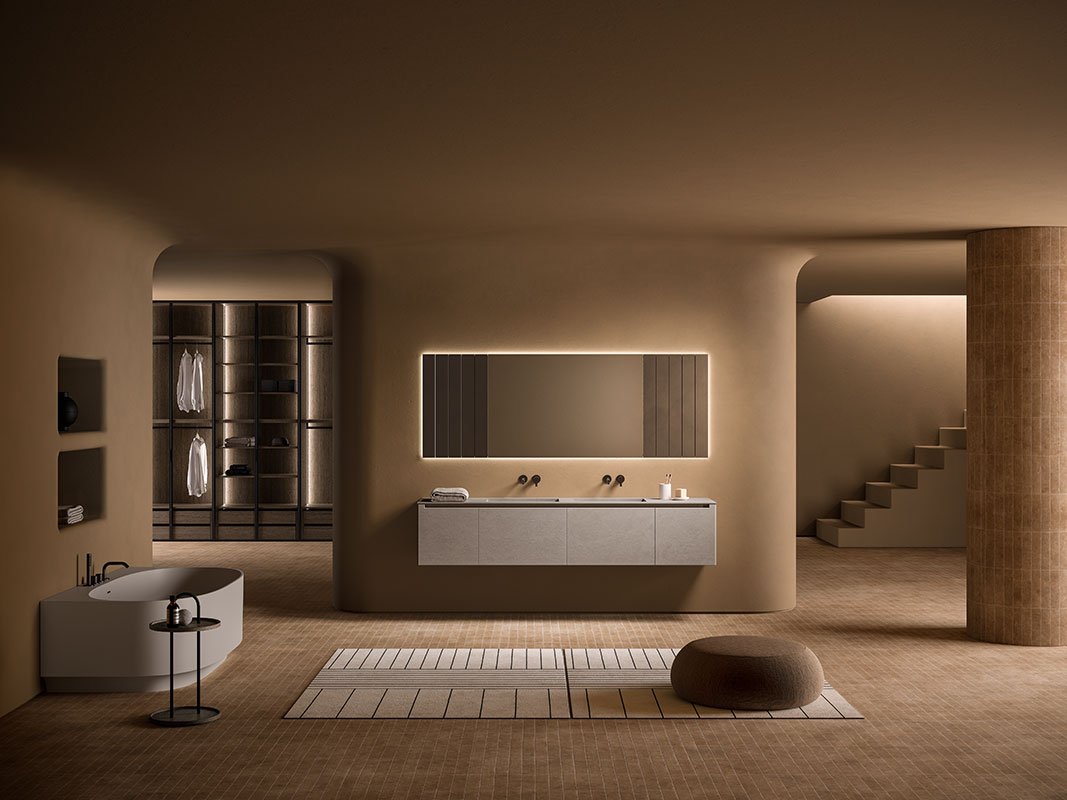 Minimal bathroom ambience with Strato H furniture unit in raw 704 MDi