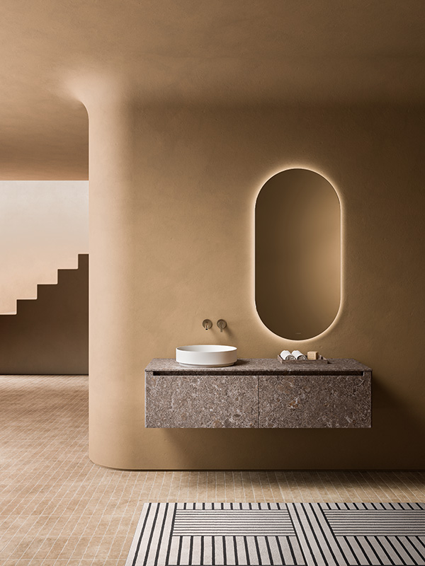 Minimal bathroom ambience with Strato H furniture unit in solar 701 MDi