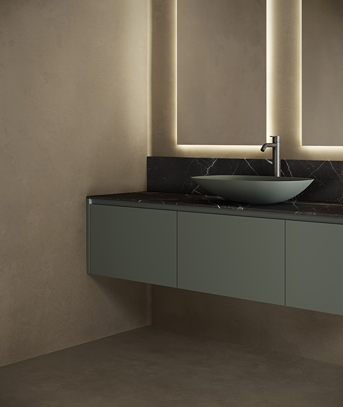 Inbani Strato minimalist furniture units with V opening system in UHS Colour Coating Steel 189