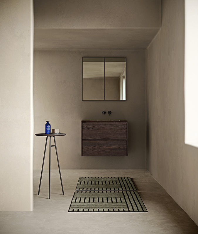 Inbani Strato minimalist furniture units with V opening system in Smoked Wild Oak S3 557