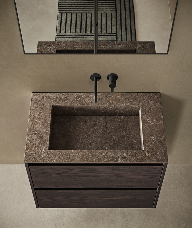 Inbani Strato minimalist furniture units with V opening system in Smoked Wild Oak S3 557
