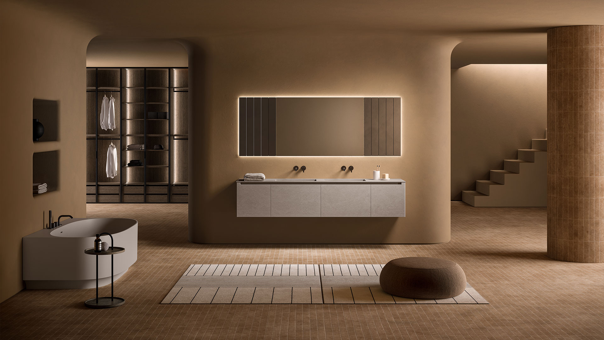 Minimal bathroom ambience with Strato H furniture unit in raw 704 MDi