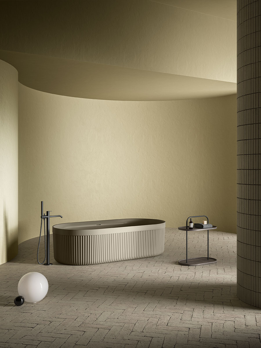 Heritage freestanding bathtub units with fluted glass fronts in UHS colour coating arcilla 191